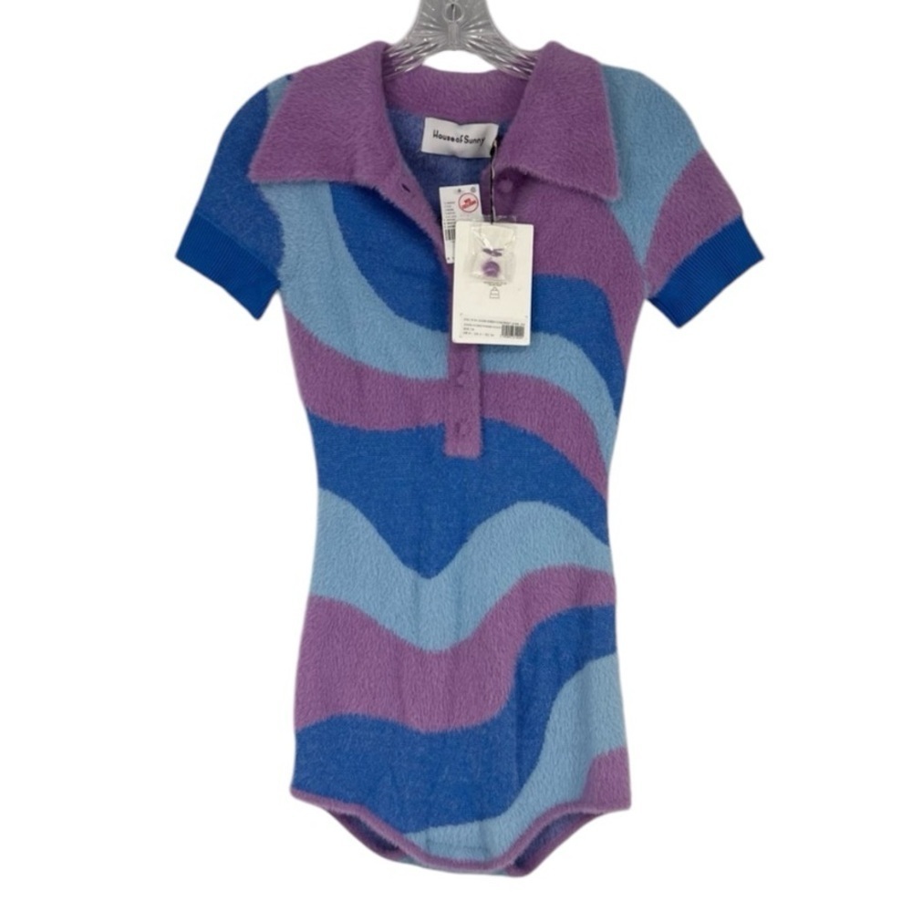 House of Sunny Good Vibrations Blue Purple Fuzzy Striped Artsy Bodysuit 6 NWT